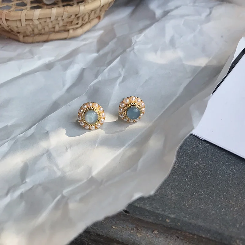 Гипоаллергенные серьги-гвоздики из серебра S925 пробы, Элегантный французский модный светильник с синим жемчугом, женские золотые маленькие жемчужные серьги-гвоздики