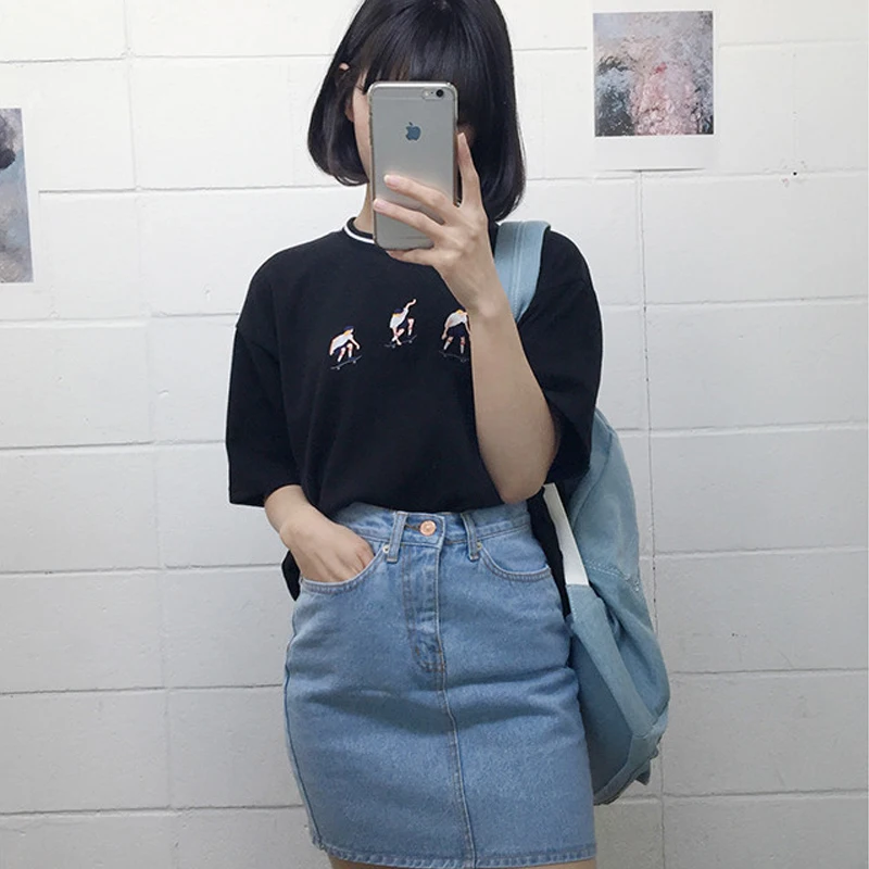 Kawaii вышитая Футболка для женщин с коротким рукавом 2019 новый стиль Свободный корейский студенческий Ulzzang Bagins