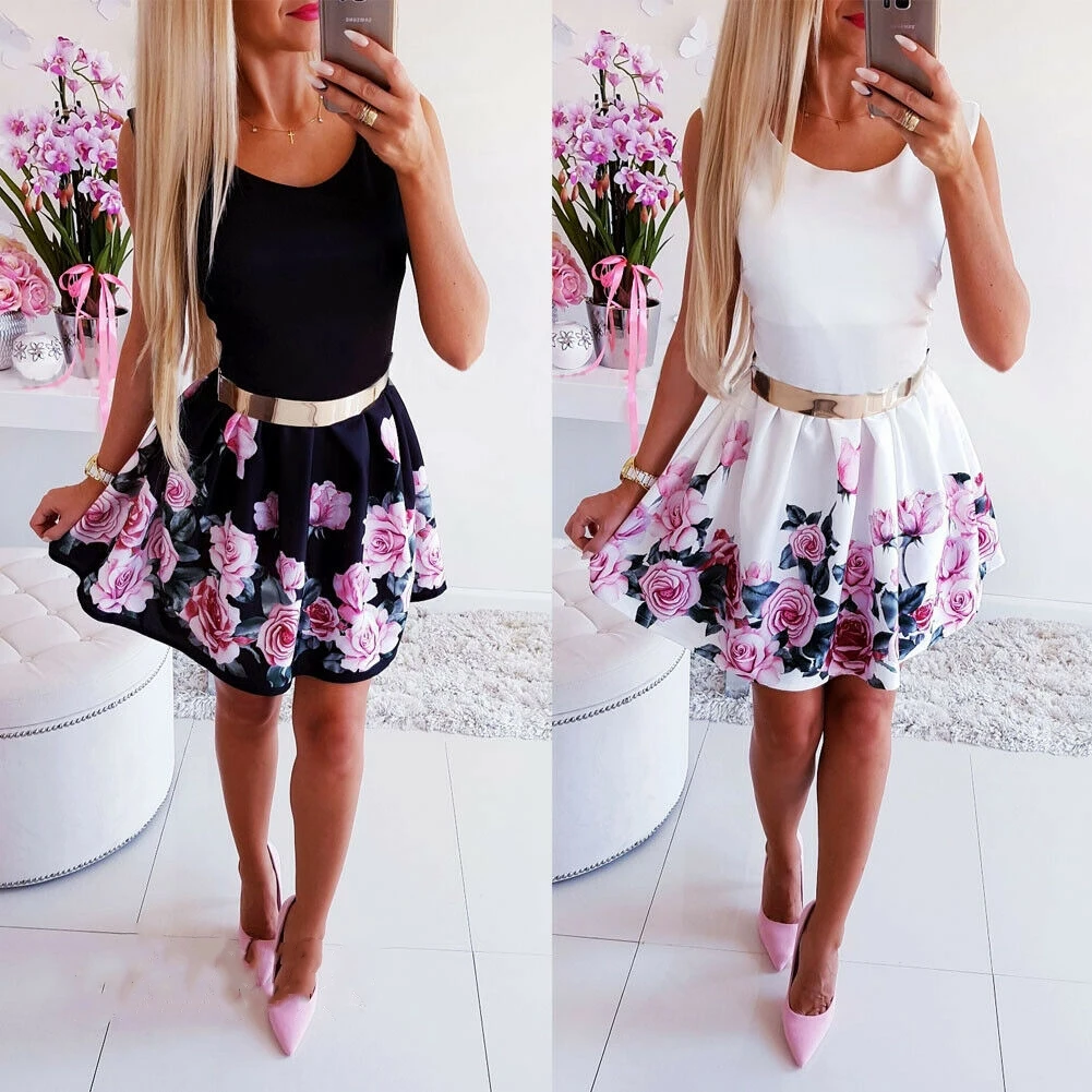 Женское летнее Мини Платье с круглым вырезом и талией вечернее платье без