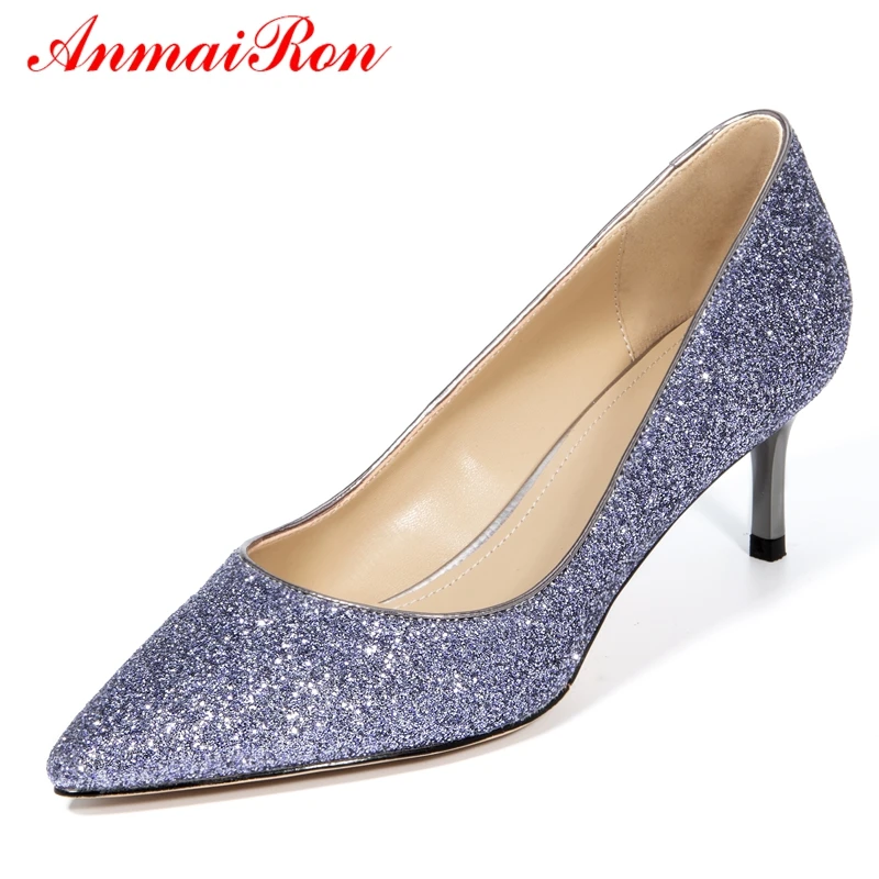 ANMAIRON Sequined Cloth Basic High (5cm 8cm) Thin Heels Women Shoes Pointed Toe Casual Slip On Pumps Size 34 39 LY886|Женские туфли| |