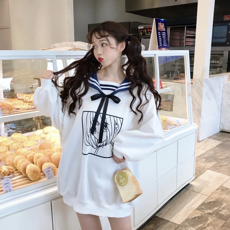 Женские зимние теплые толстовки Harajuku с мультипликационным принтом Kawaii пуловеры
