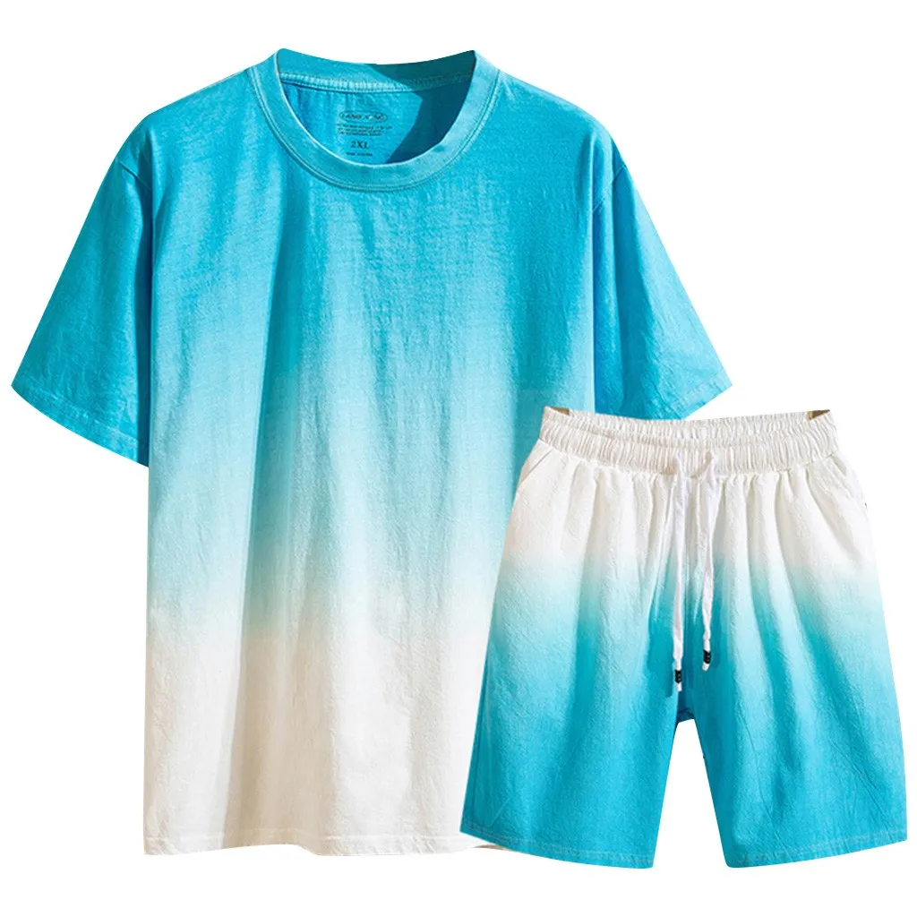 

Men's Gradient Set Casual Cotton Set Loose Short Sleeve Shorts Set Summer Round Collar Set Y610