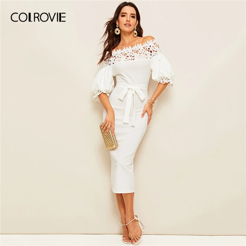 COLROVIE, белое гипюровое кружевное платье-карандаш с хомутом, с рукавом Бишоп, для женщин,, летнее, элегантное, с открытыми плечами, облегающее, для девушек, платья