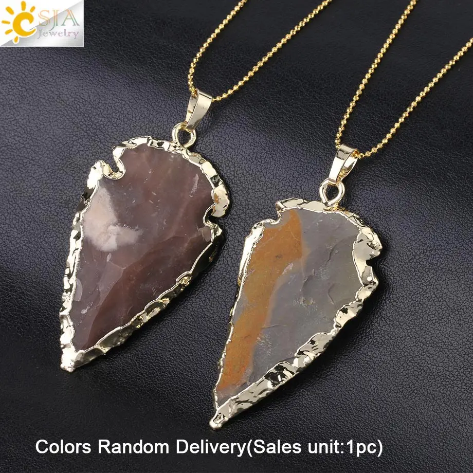 Necklace CSJA Амулет подвеска в форме стрелы Натуральный Камень индийский Агаты оникс золото цвет ожерелье Энергия Рейки Чакра гальванизированные ювелирные изделия F968 - Окраска металла: Necklace
