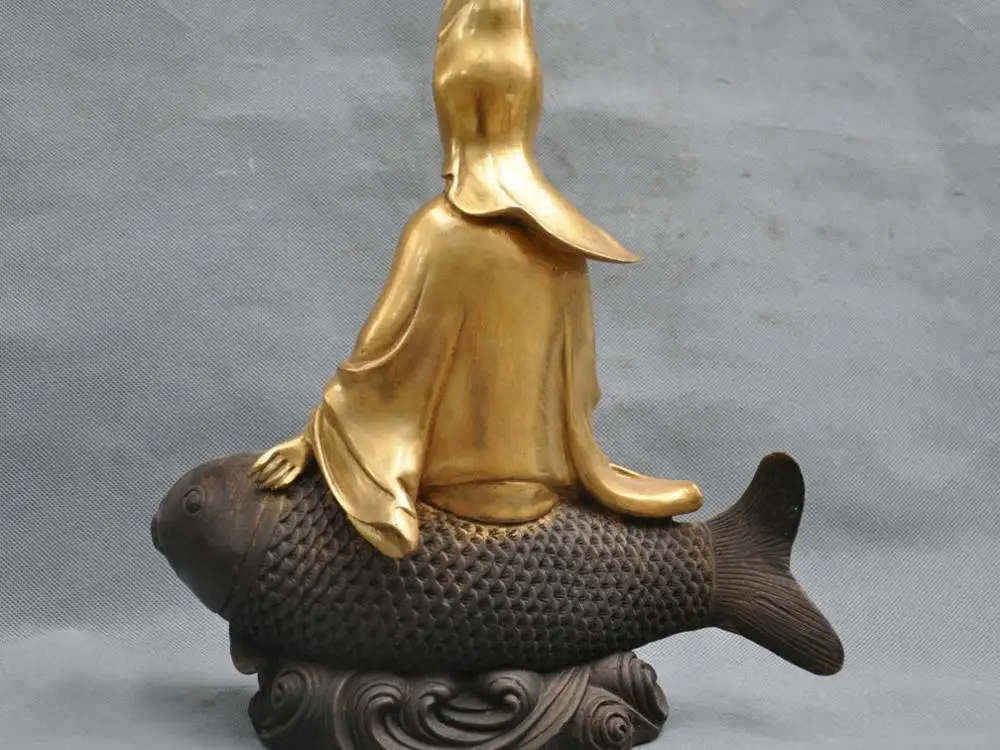 12 &quotChina Buddhism Bronze Guanyin Kwan-yin Buddha Ride Fish Statue | Дом и сад