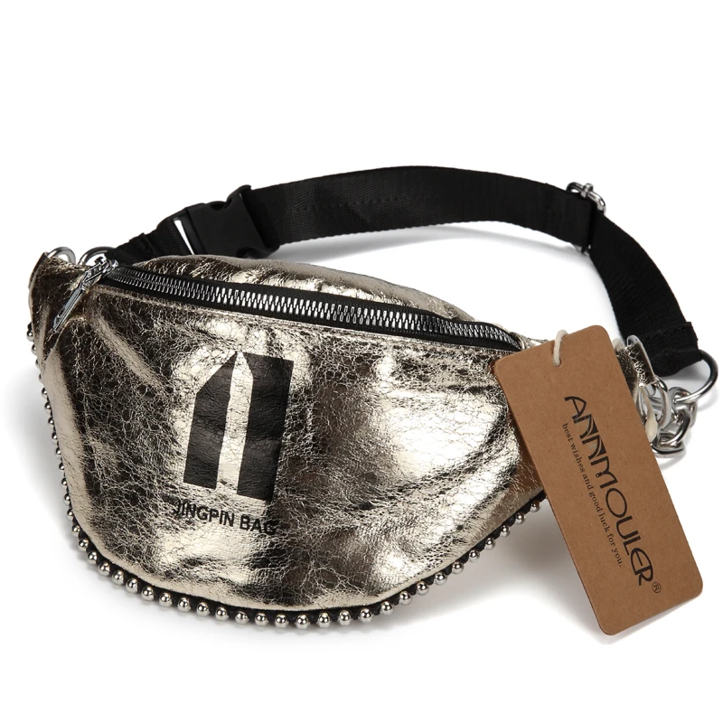 Annmouler Fashion Women Chest Bag Large Pu Leather Waist Belt Chain Fanny Pack 3 Colors Phone with Beads | Багаж и сумки