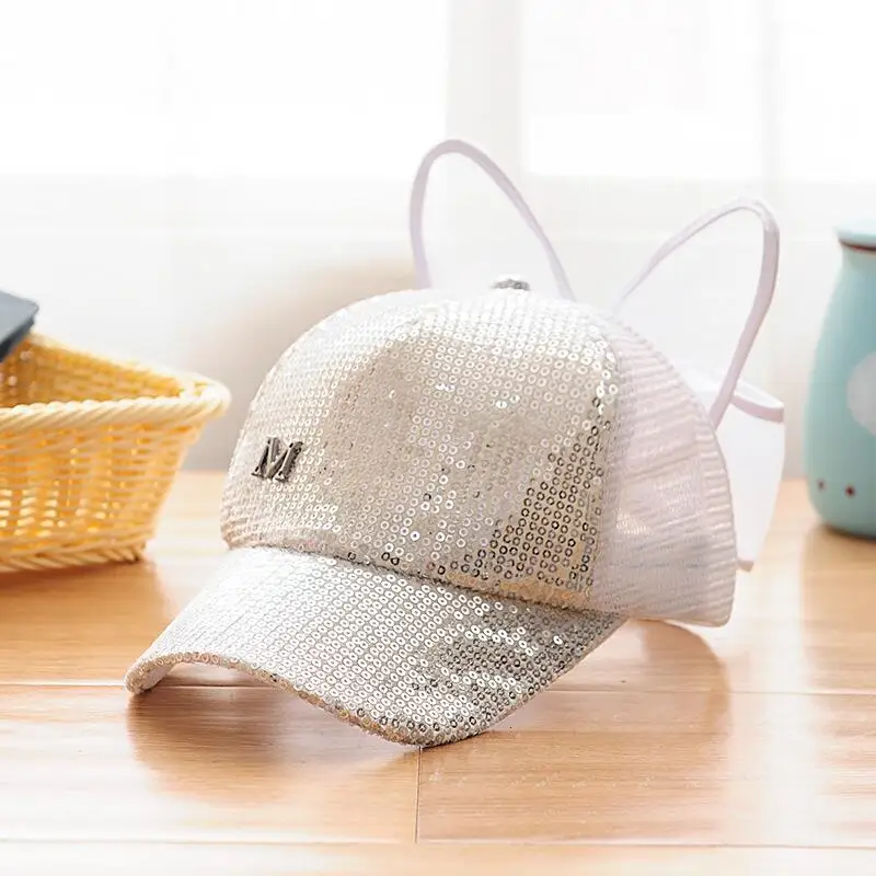 Кепка с блестками для маленьких девочек большим бантом и надписью M бейсболки детские сетчатые Летние