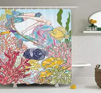 Hand Drawn Mermaid Creature Swinging on Rope on Coral Reefs in Underwater World Artwork Bathroom Decor Set Yellow Ivory