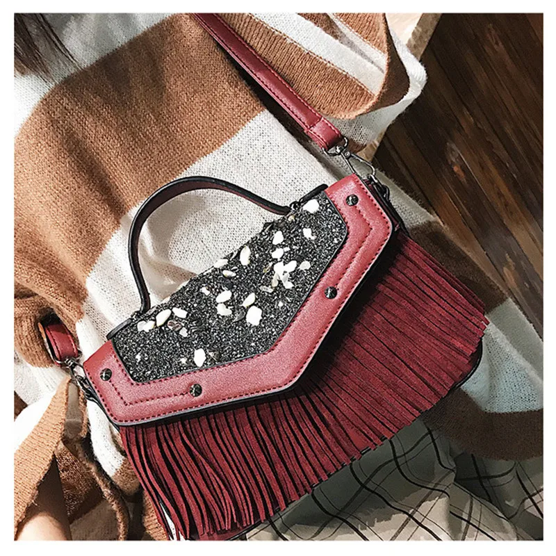 LHLYSGS brand pu bag for women 2018 European and American fashion frosted tassels women's sequins ladies shoulder bags | Багаж и сумки