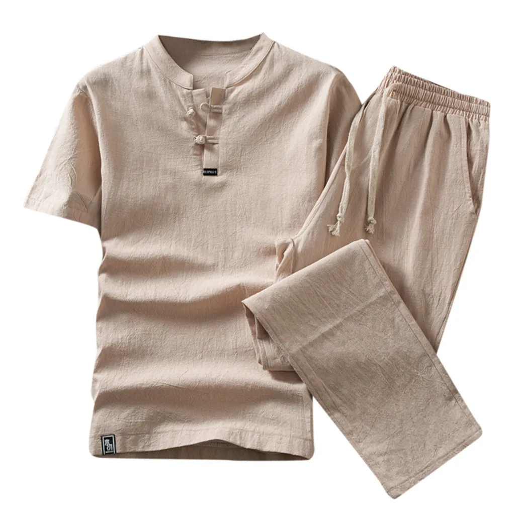 casual mens clothing set 2019 Summer chinese style Cotton Linen comfortable Short Sleeve men shirt pants trousers d90613 | Мужская