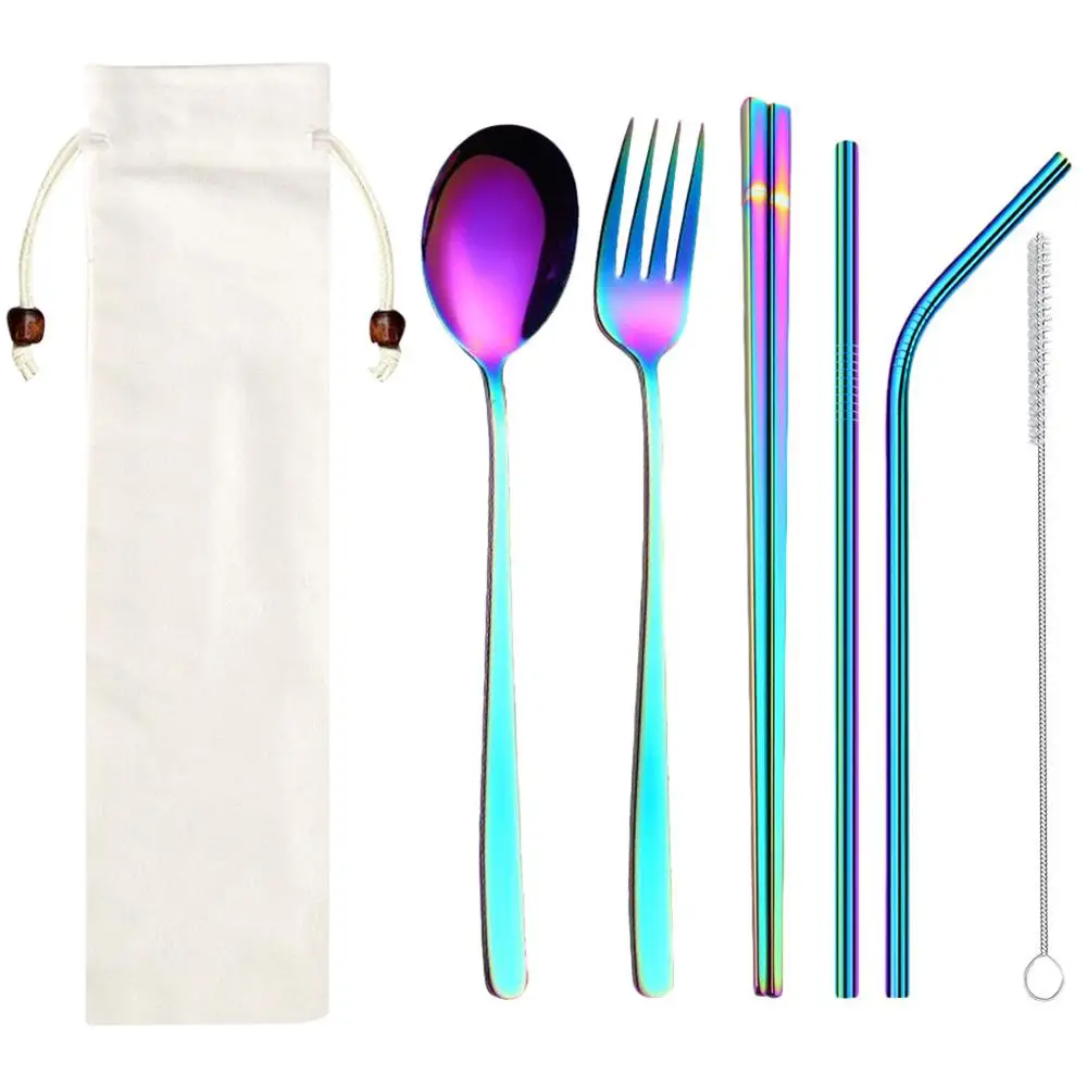 Dinnerware Sets Нержавеющая сталь Портативный столовые приборы комплект Ложка Вилка палочки для еды соломы с упаковка ткани для путешествия на открытом воздухе мала palha#15 - Цвет: Dinnerware Sets