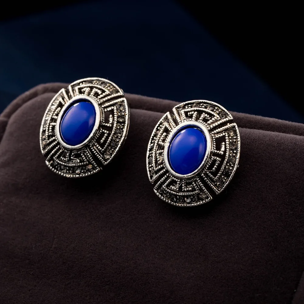 New Fashion Vintage Delicate Oval Blue Rhinestone Ear Studs Earrings Solid Stone Earing for Girls Women Wholesale | Украшения и