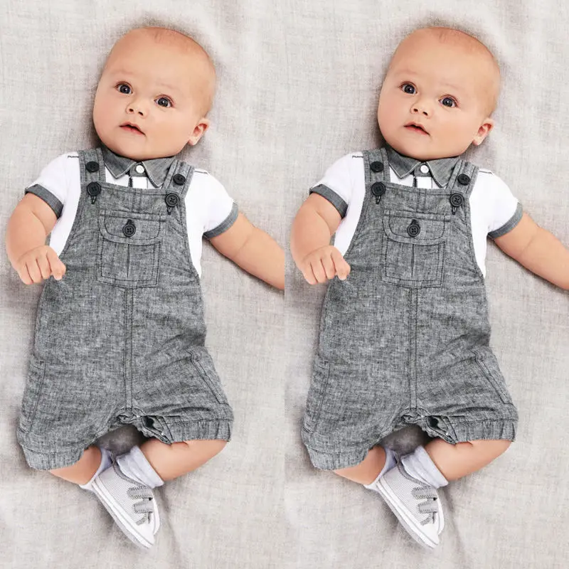 Newborn Toddler Baby Boys Summer 2PCS Sets Short Sleeve Turn-Down Collar Color Patchwork T-Shirts Solid Overalls Outfit 0-24M |