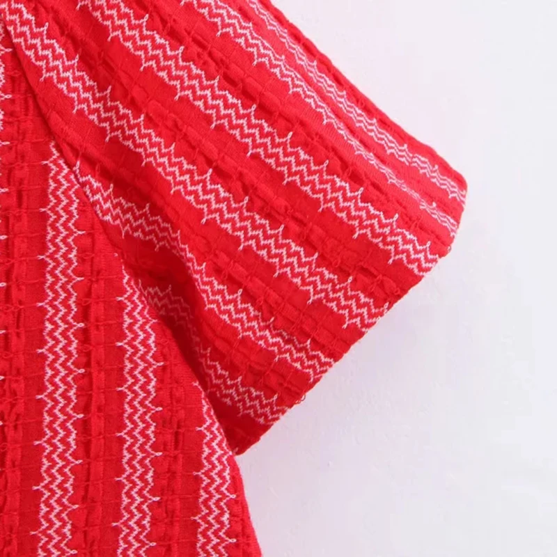 Женское жаккардовое платье в полоску красное Хлопковое с высокой талией и бантом
