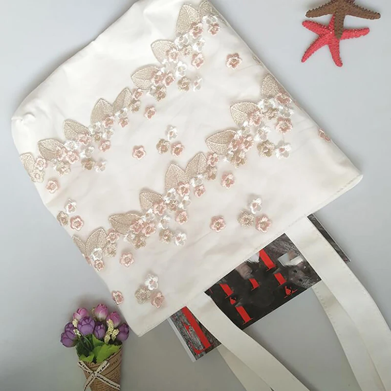 

Fashion Lace Ladies Large Tote Bags Summer Beach Bag Canvas Shoulder Bags Canvas Women Bag Embroidery Flower Shopping Handbag