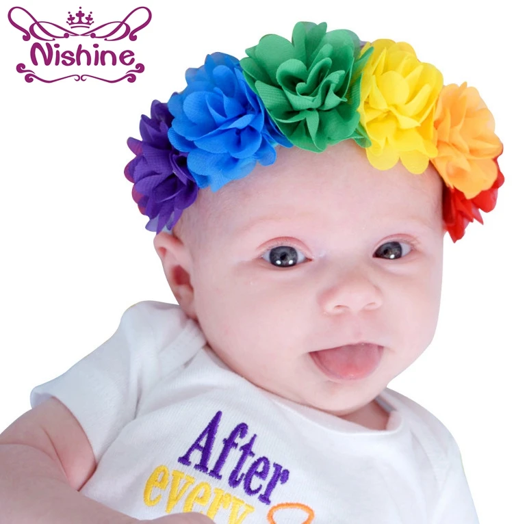 

Nishine Mini Chiffon Flower Newborn Kids Girls Toddler Flower Headband Elastic Rainbow Colorful Children Headwear