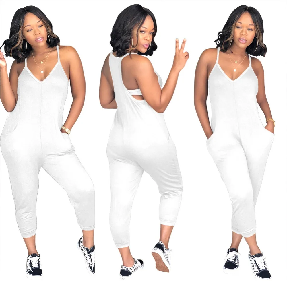 Plus Size Playsuit 3XL Casual Spaghetti Strap V Neck Ankle Length Pant Jumpsuit Women Backless With Pockets One Piece Coveralls | Женская