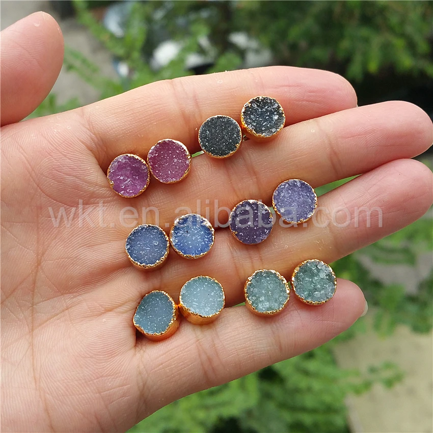 Круглые серьги с натуральным камнем 10 мм круглые в полоску из 24 К золота