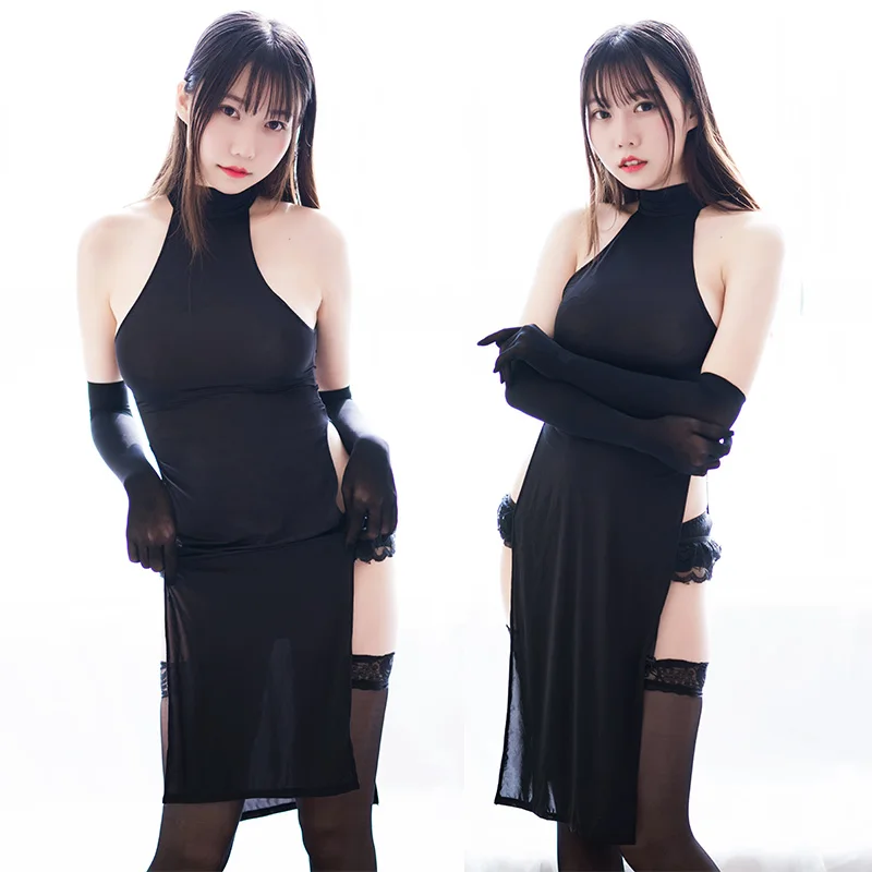 Ночная рубашка с высокой вилкой юбка открытой спиной и разрезом тонкая черная