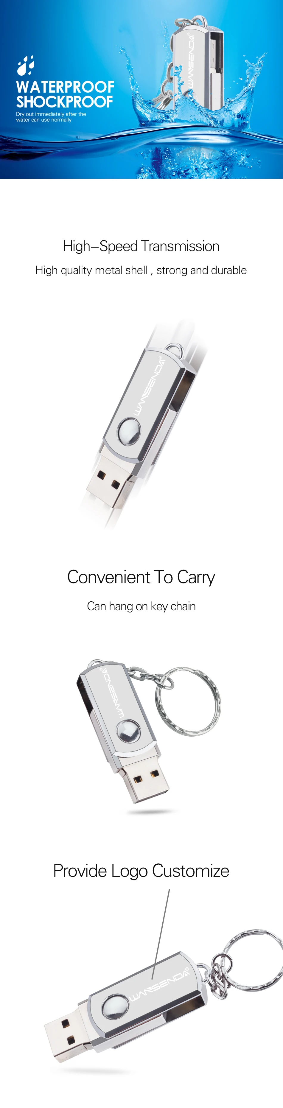 USB флеш-накопитель Wansenda из нержавеющей стали, цепь 128 ГБ, 64 ГБ, 32 ГБ, 16 ГБ, 8 ГБ, 4 Гб, usb флеш-накопитель