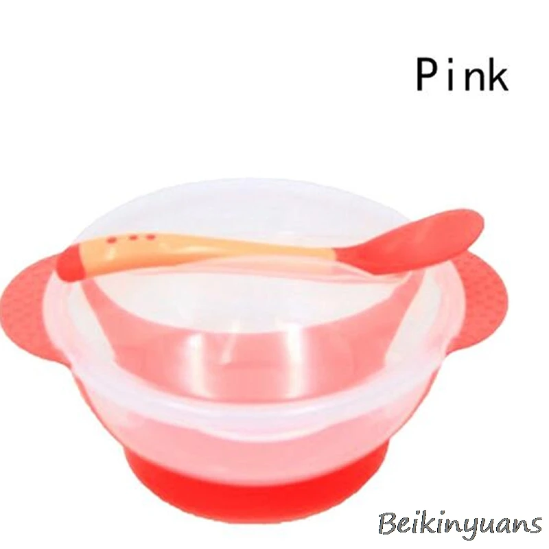 Red spoon bowl Детская миска для кормления ребенка, тренировочная миска с ложкой, бинауральная посуда для кормления детей, детская тарелка на присоске, миска - Цвет: Red spoon bowl
