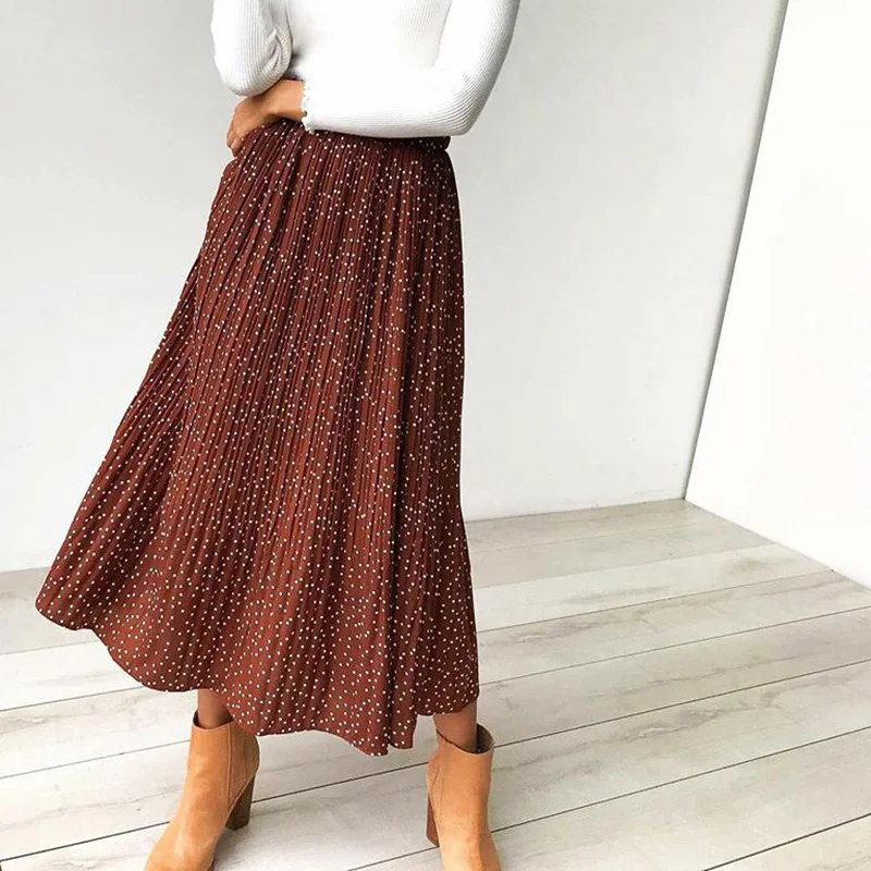 

White Dots Floral Print Pleated Midi Skirt Women Elastic High Waist Side Pockets Skirts Summer 2019 Elegant Female Bottom
