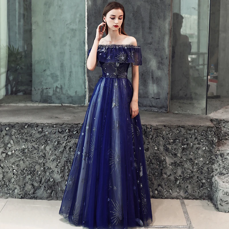 SSYFashion, новое синее вечернее платье, вырез лодочкой, длина до пола, блестки, узор со звездой, Простые Вечерние платья, на заказ, вечерние платья невесты