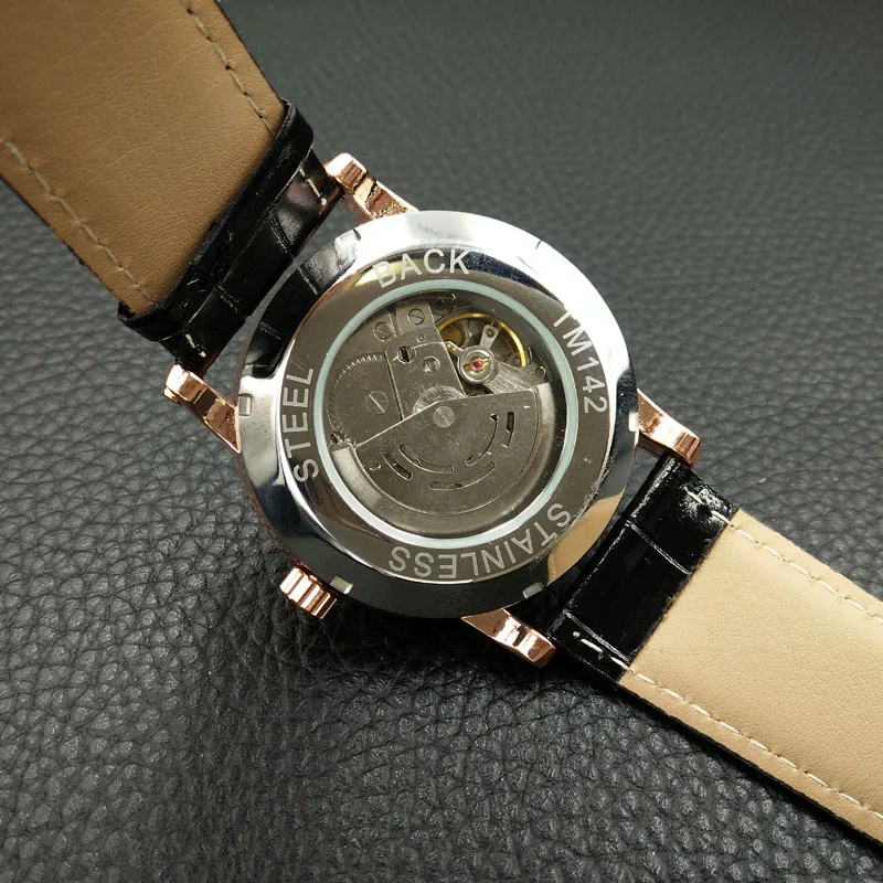 Relogio Relojes новые модные часы из розового золота, автоматические мужские механические часы с кожаным ремешком и датой на день