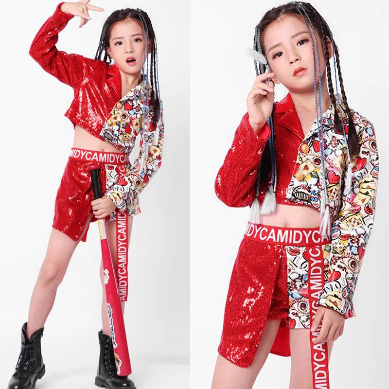 Kids Red Sequined Pants Jacket Coat Hip Hop Clothing Clothes Jazz Dance Costumes Suit Girls Stage wear Ballroom Dancing Outfits |