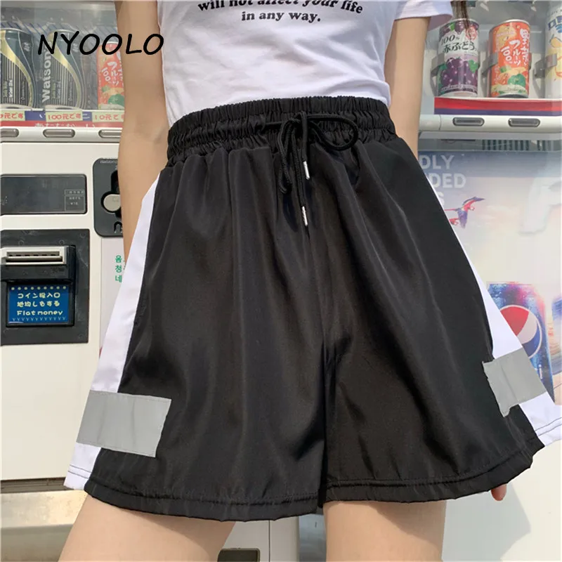 NYOOLO Harajuku стиль 3M Светоотражающий пэчворк с высокой талией облегающие шорты Летняя уличная одежда свободного кроя с эластичной талией Шорты женская одежда