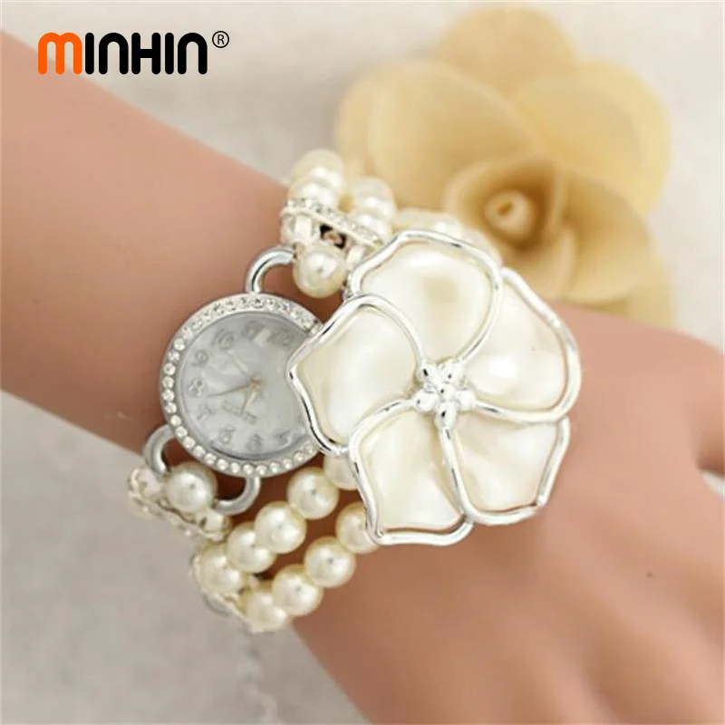 MINHIN женские богемные Цветочные наручные часы с искусственным жемчугом и