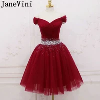 janevini 2019 burgundy beaded short prom dresses with crystals tulle off the shoulder sparkly a line girls graduation party gown