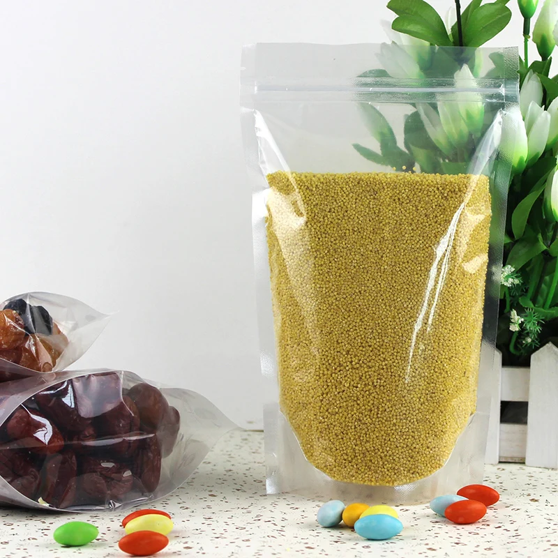 

good quality 12X19+4cm Transparent food packaging bag transparent self supporting Self sealing bag