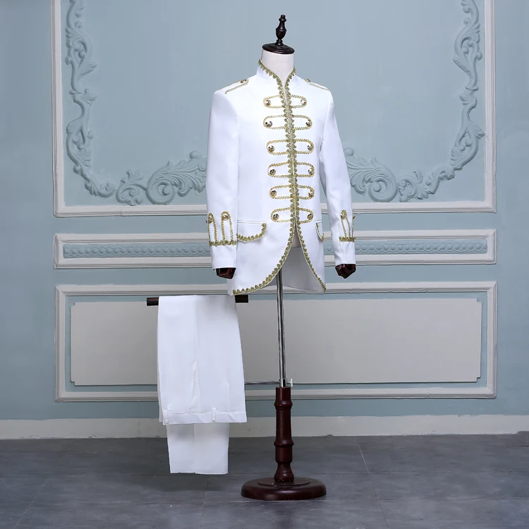Мужские Сценические костюмы из двух частей, блейзеры, длинные белые костюмы с золотой вышивкой, мужские облегающие костюмы для сцены, выпускного, свадьбы, Пиджаки для певцов, Homme