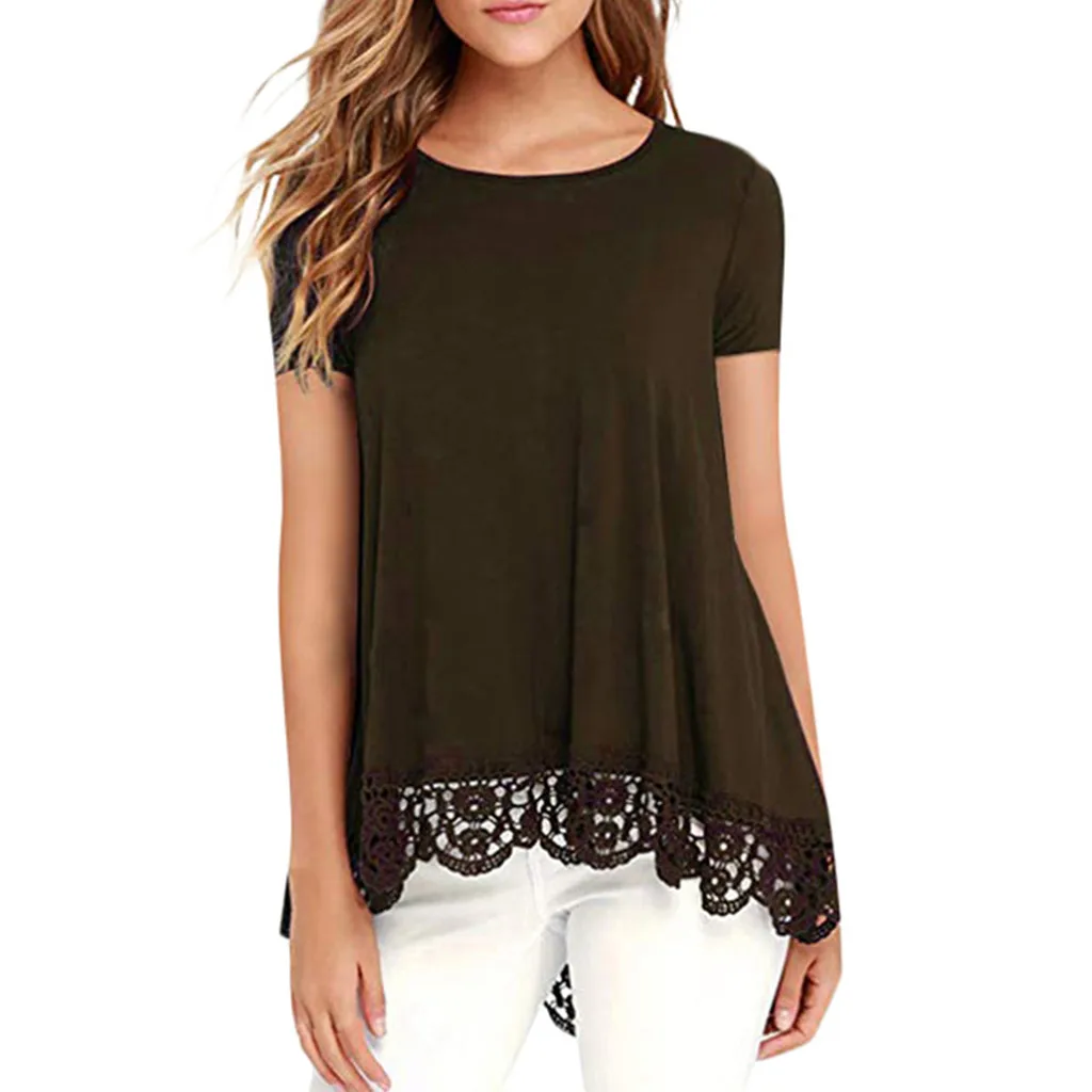 Женские блузки Camisa Feminina, повседневные топы с круглым вырезом и коротким рукавом, свободные кружевные лоскутные топы, туника, блузка Blusas Mujer De блузка Moda