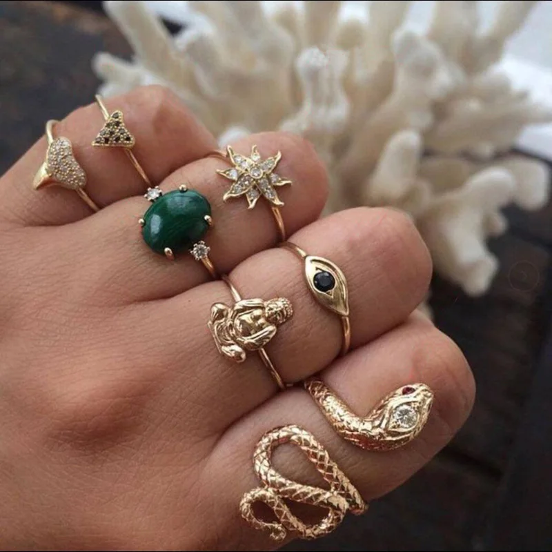 7 шт./компл. Boho Little Snake Star Eyes статуя Будды драгоценный камень треугольник Золото регулируемое Открытое кольцо набор для женщин индивидуальный ювелирный подарок