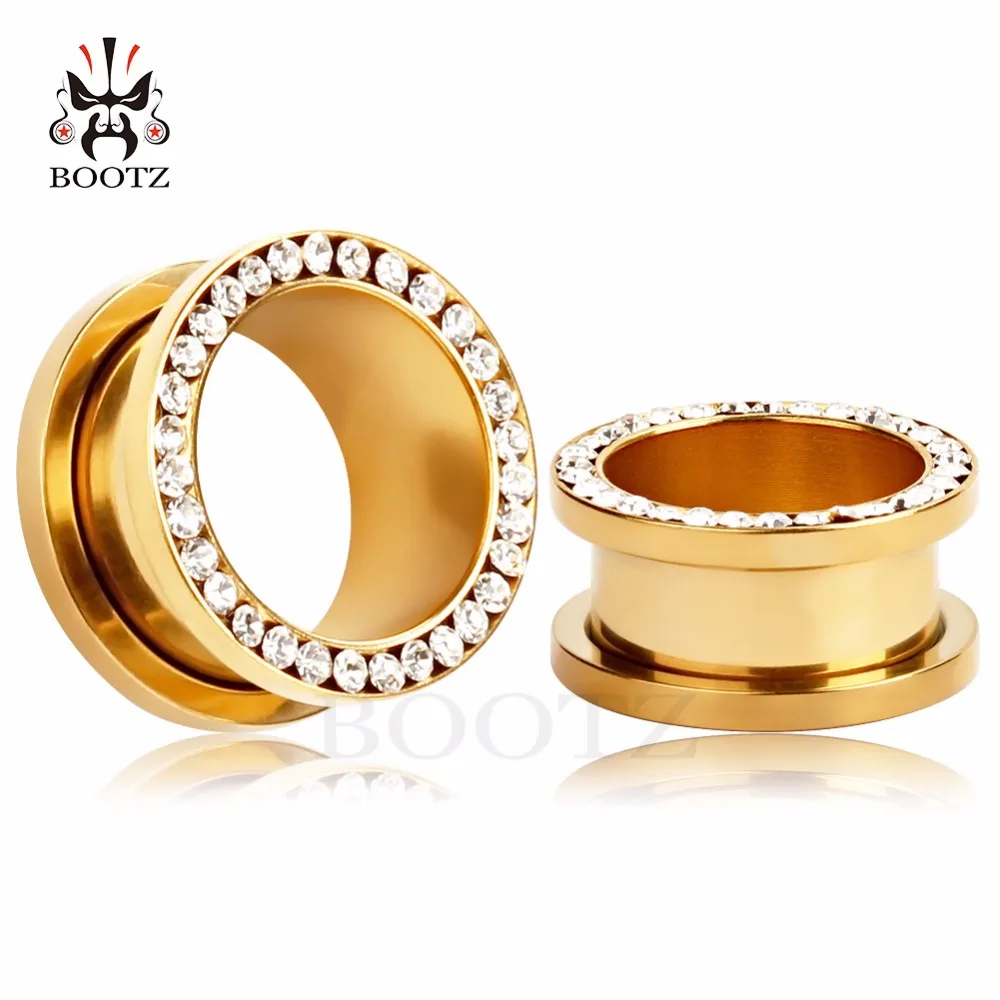 

gold screw crystal stainless steel ear plugs tunnels piercing body jewelry ear gauges sell by pair