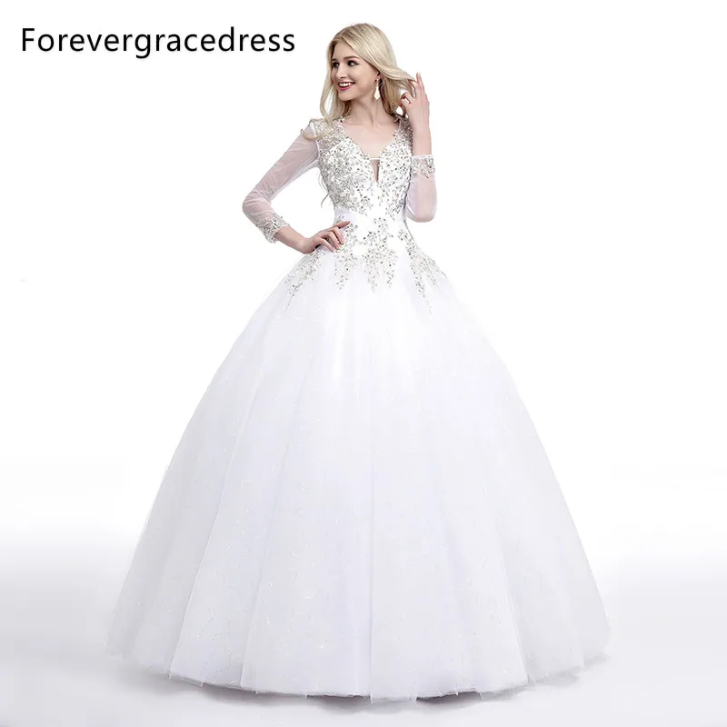 

Forevergracedress Long Sleeves Wedding Dress V Neckline Beaded Crystal Backless Bridal Gown Plus Size Custom Made