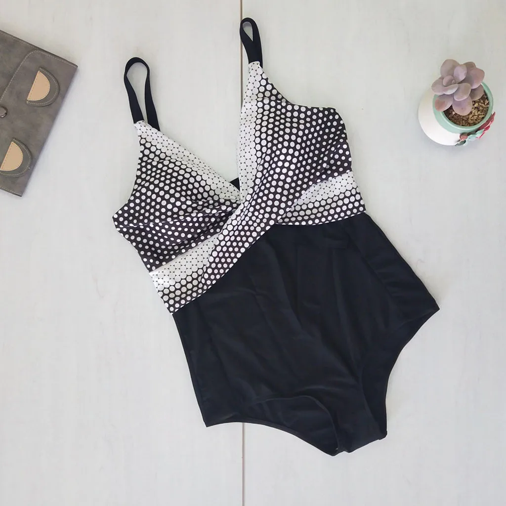 summer Women Plus Size Wave Point Printing Gauze Splicing Bikini One Piece Swimsuit Bathing Suits Bodysuit Monokini | Спорт и
