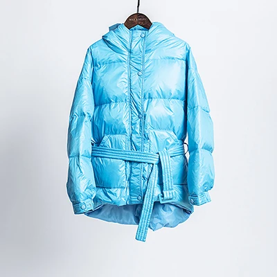 sky blue Зимнее женское пальто, 90% белый утиный пух, парка, пояс, пуховик, Женское пальто с капюшоном, короткая теплая Повседневная зимняя верхняя одежда, новинка - Цвет: sky blue