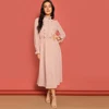 SHEIN Frill and Lace Trim Half Placket Dot Jacquard Long Dress Stand Collar Midi Dress Women Long Sleeve A Line Elegant Dress