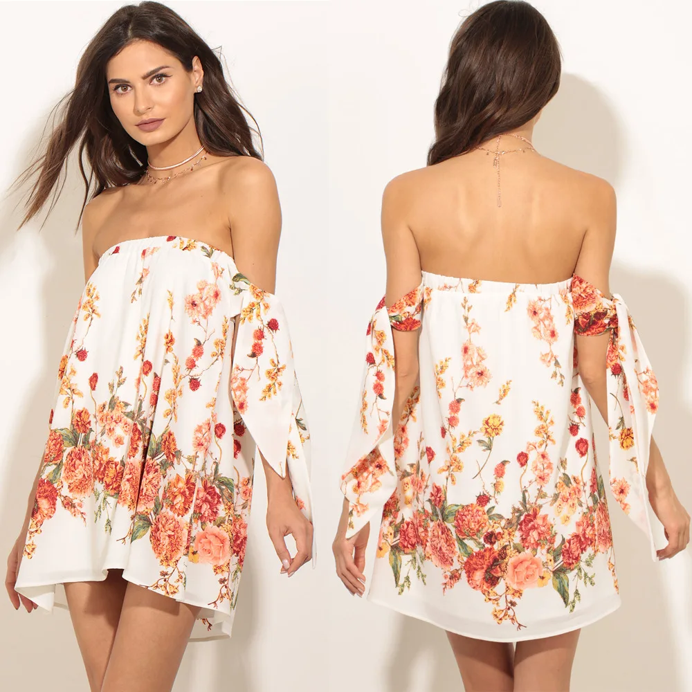 Larronkety Лето 2017 г. дамы Цветочный принт пляжное платье Slash Средства ухода за кожей