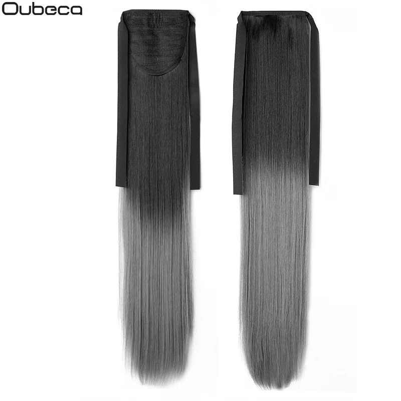 BlackTDim Gray Oubeca, 22 дюйма, синтетические ломбер, конский хвост, прямые, длинные, два тона, лента, конский хвост, волосы для наращивания на заколках для женщин - Цвет: BlackTDim Gray