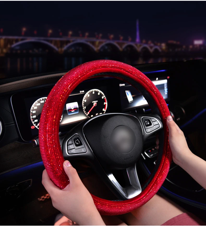 Роскошные Кристальные фиолетовые красные розовые Чехлы рулевого колеса автомобиля для женщин и девочек Стразы покрытые автомобилем аксессуары для рулевого колеса