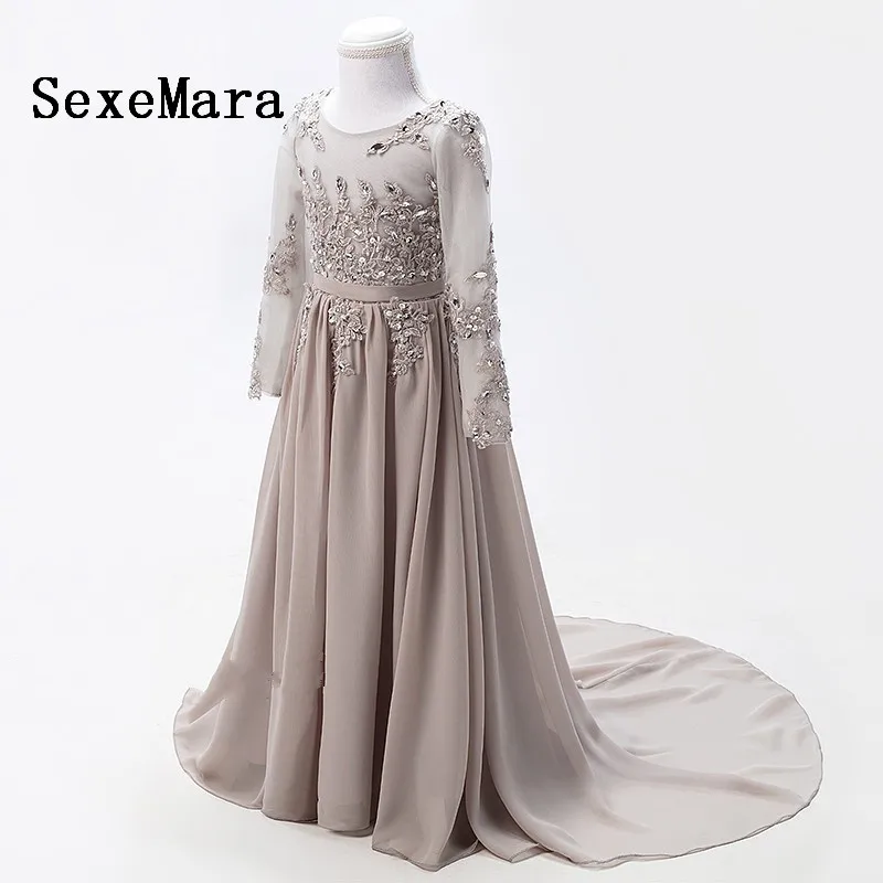 Real Picture Grey Long Sleeves Flower Girl Dresses for Wedding Diamond Sequined Lace First Communion dresses girls | Детская одежда и