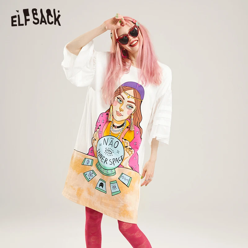 ELF SACK/модное хлопковое Белое Женское праздничное платье с принтом; повседневные женские платья с круглым вырезом и кисточками; летний уличный сверхразмерный наряд