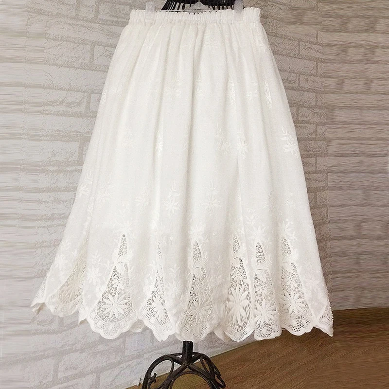 

Lamtrip Romantic White Openwork Embroidery Retro Cotton A-Line Skirt Mori Girl