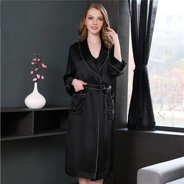 Black IANLAN Womens Spring Summer Bathrobe 19m/m Heavy Weight Real Silk Nightgown Ladies Silk long Pajamas Single Robe IL00455 - Color: Black