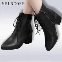 plus size 34 45 new classic women ankle boots stylish pointed toe square heels lace up black shoes woman motorcycle leather boot