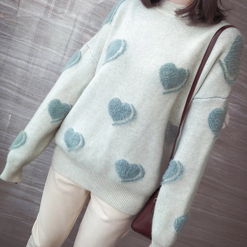 Autumn and Winter 2018 New Sweet Slim Loving Jacquard Knitted Shirt Angra with Mink Fur Loose Sweater |